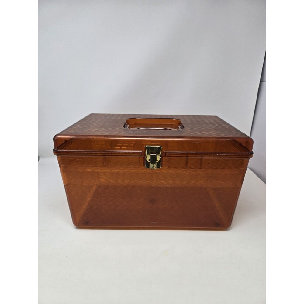 VINTAGE WILSON WIL-HOLD AMBER PLASTIC SEWING BOX TWO STACKABLE TRAYS CRAFT DIY